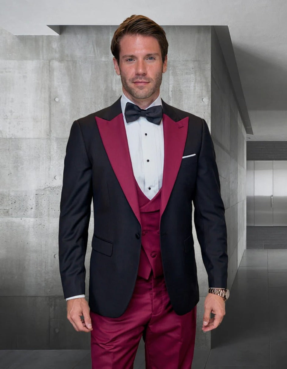 Statement Men's Black Vested with Burgundy Lapel 100% Wool Tuxedo - Men's Tuxedo USA