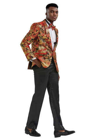 Men's Slim Fit Paisely Prom Tuxedo Jacket In Red & Gold