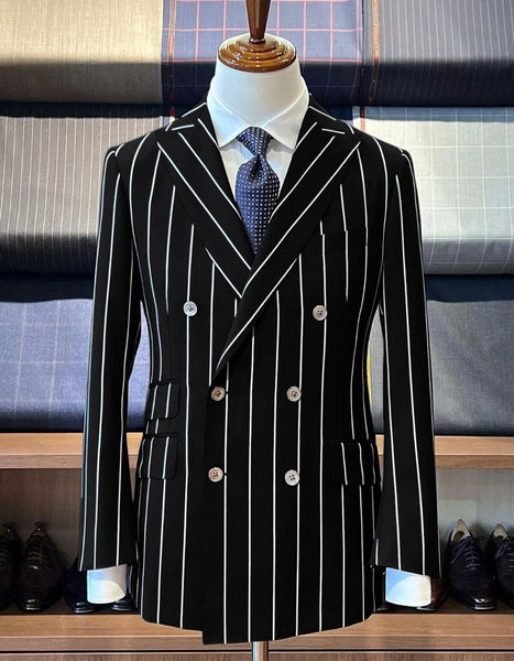 Classic Gangster Jet Black And White Pinstripe Double Breasted Suits Fashion Suits main image 0