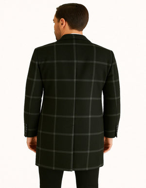 Mens Black Windowpane Wool Overcoat Big Plaid Pattern Classic Checkered CarCoat
