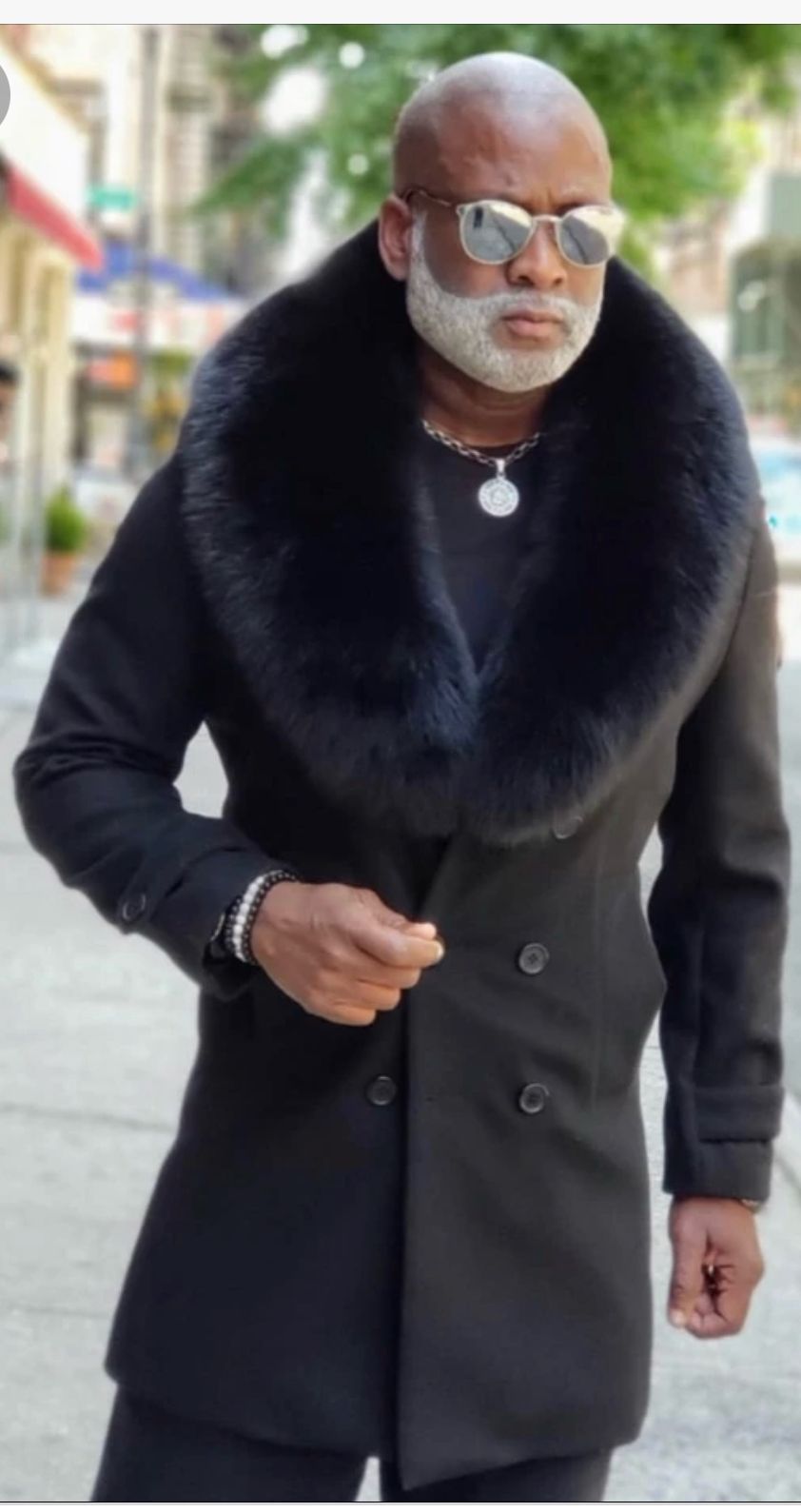 Mens Black Double-Breasted Overcoat with Oversized Faux Fur Collar Winter Luxury Coat