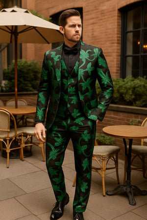 Mens Black and Emerald Green Velvet Floral Tuxedo Suit Slim Fit 2 Piece Formalwear for Weddings and Events Slim Fitted