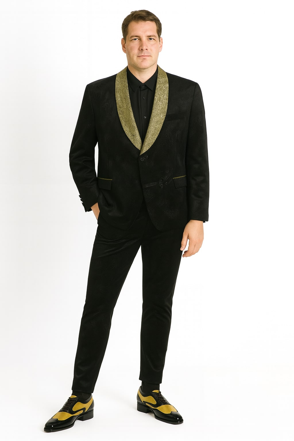 36 Mens Black and Gold Jacquard Tuxedo Blazer Luxury Shawl Collar Wedding and Party Smoking Jacket 36 Mens Black and Gold Jacquard Tuxedo Blazer Luxury Shawl Collar Wedding and Party Smoking Jacket