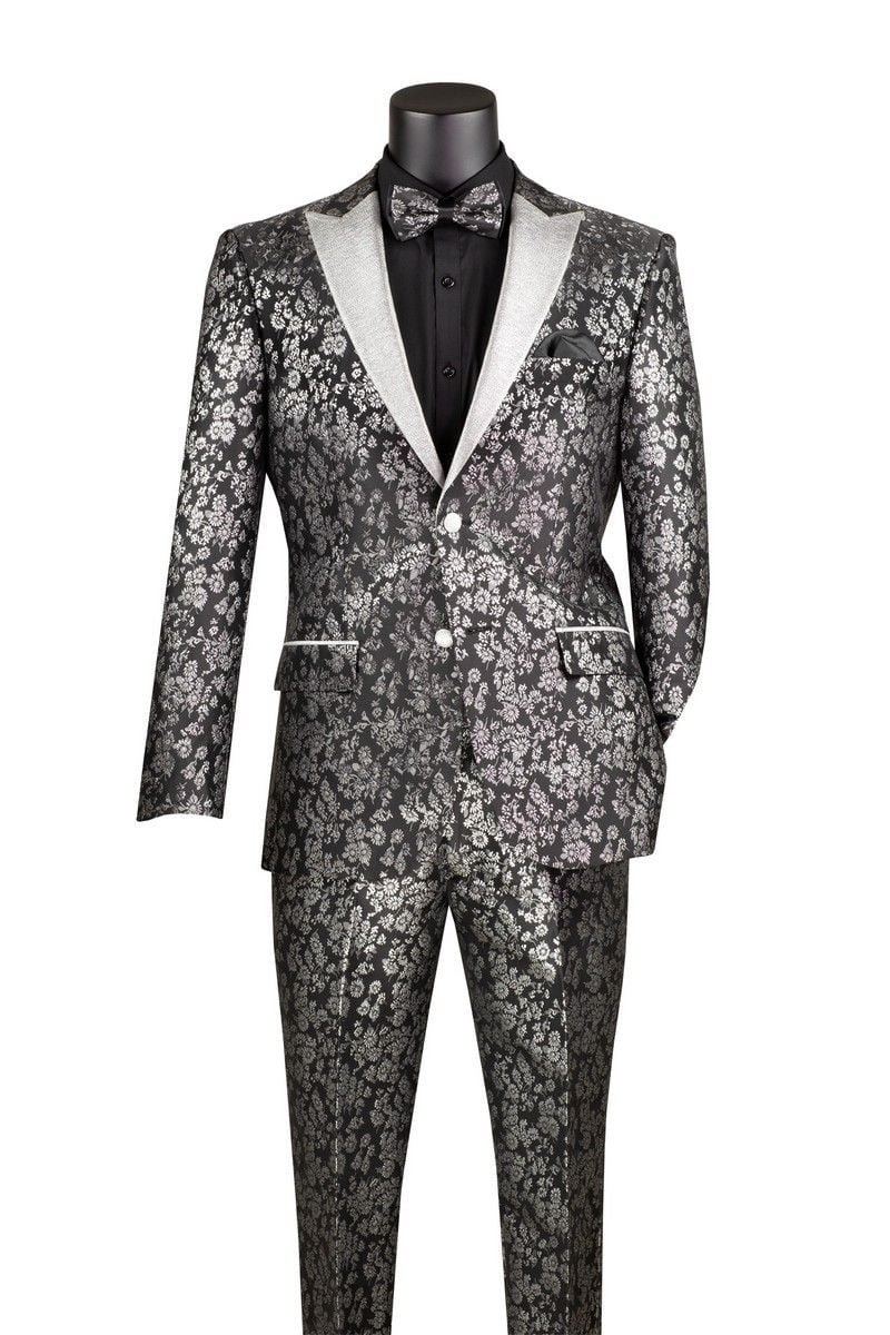 Black and Silver Floral Tuxedo Suit for Men Luxury Two-Piece Formal Suit with Satin Lapel and Bow Tie