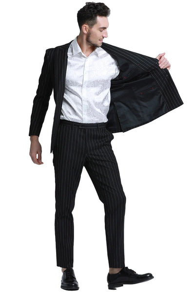 Men's Bold Gangster 1920s Burgundy Suit Vintage Dark Burgundy ~ White Gangster Bold Stripe 2 Button Vested Suit Black and Bold White Stripe (MO845) main image 0
