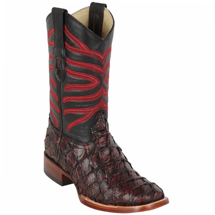 Los Altos Boots - Mens Dress Cowboy Boot - Low Priced Black Cherry Pirarucu Boots- in Black Cherry