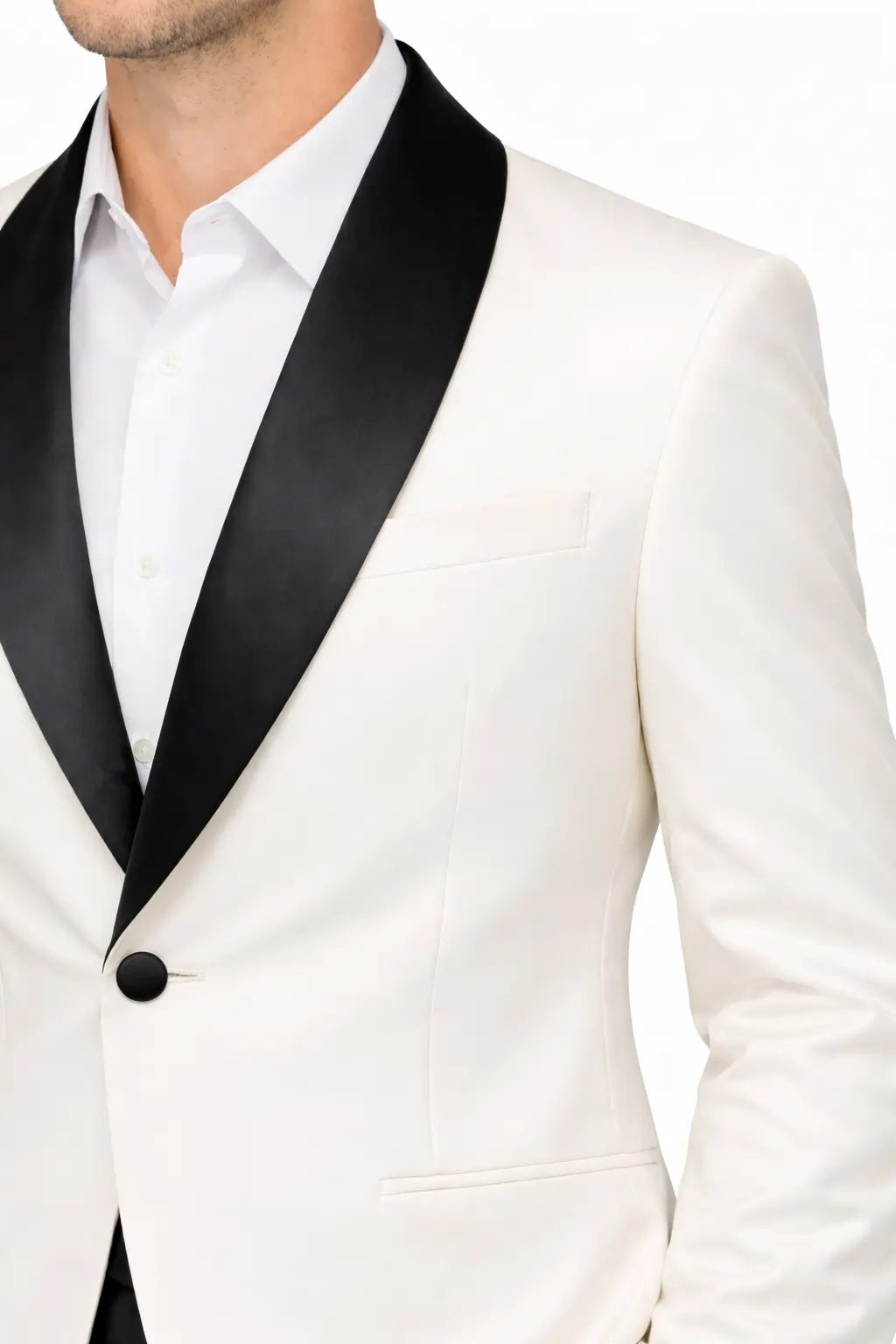 Men’s Ivory White Blazer with Black Shawl Collar – Elegant Contrast Formal Jacket