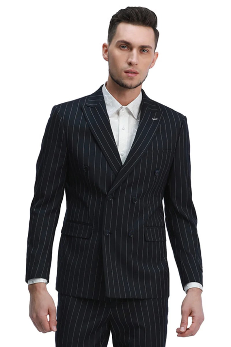 Men's Slim Fit Double Breasted Bold Gangster Pinstripe Suit for Men, Black Men's Slim Fit Double Breasted Bold Gangster Pinstripe Suit for Men, Black