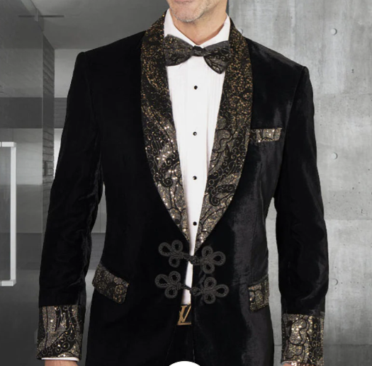 Men’s Smoking Jacket Black and Gold Embroidered Tuxedo Blazer – Luxury Velvet Formal Dinner Jacket with Paisley Lapel