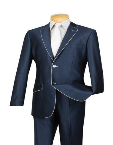 Western Suit - Cowboy Tuxedo With Trim Collar - Slim Fitted Jacket And Pants - Blue and White Tuxedo