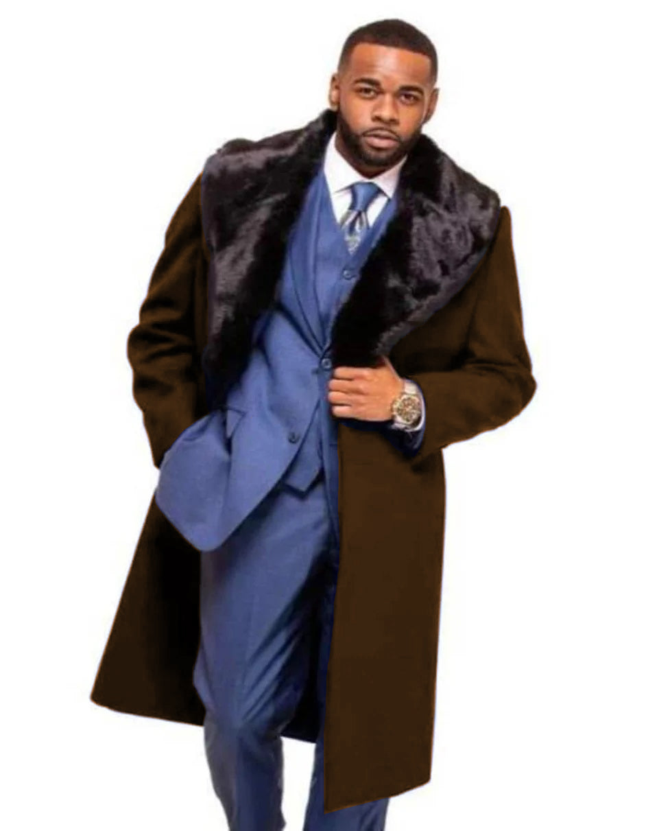 Dark Navy Blue Overcoat ~ Long men's Dress Topcoat - Winter coat With Fur Collar And Wool Fabric - Men's Tuxedo USA