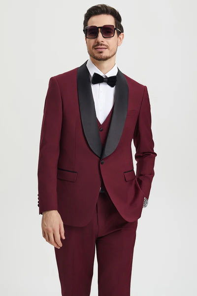 Maroon Tuxedo  - Mens Burgundy Tuxedo Jacket + Vest + Pants - Wedding Prom Tuxedo main image 0