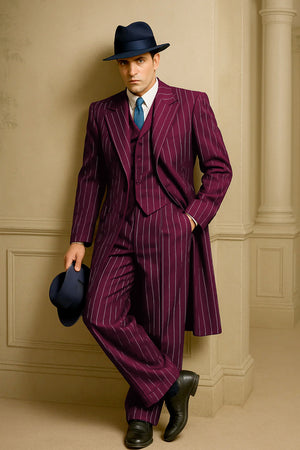 Mens Burgundy Pinstripe Suit Classic Long Coat Style with White Stripes