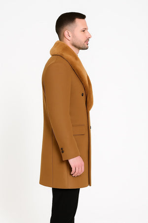 Mens Camel Wool Overcoat with Faux Fur Shawl Collar Double-Breasted Winter Dress Coat