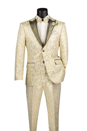 Champagne Gold Floral Tuxedo Suit for Men Two-Piece Wedding Tux with Bow Tie and Satin Lapel