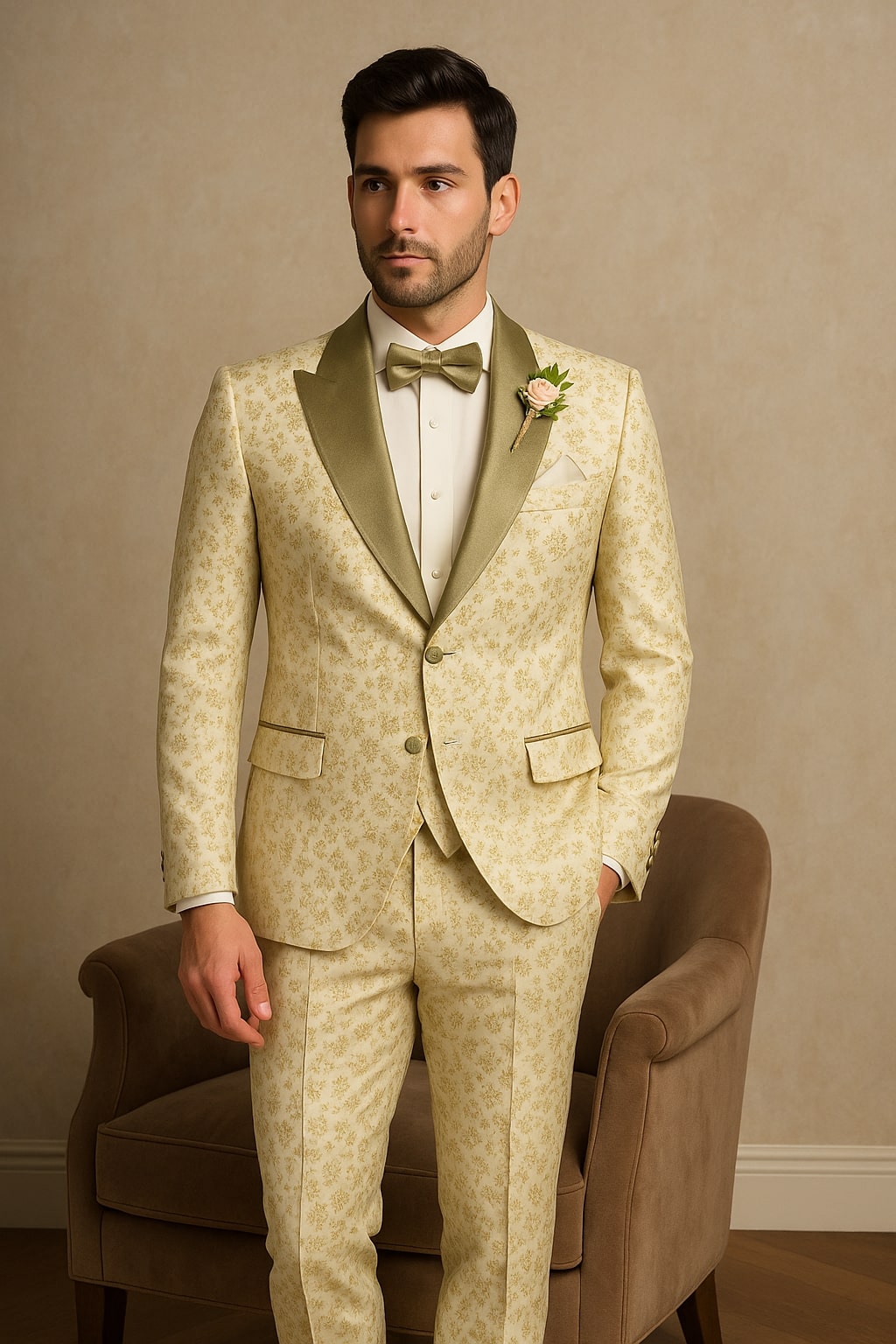 Champagne Gold Floral Tuxedo Suit for Men Two-Piece Wedding Tux with Bow Tie and Satin Lapel