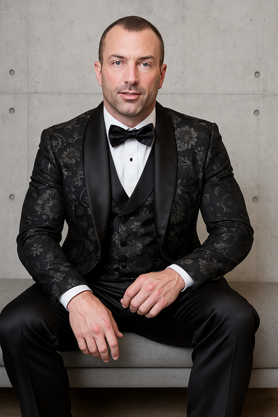 Men’s Black Textured Paisley floral Tuxedo Suit – Premium Slim Fit Formal Wedding, Prom, with Bowtie main image 0