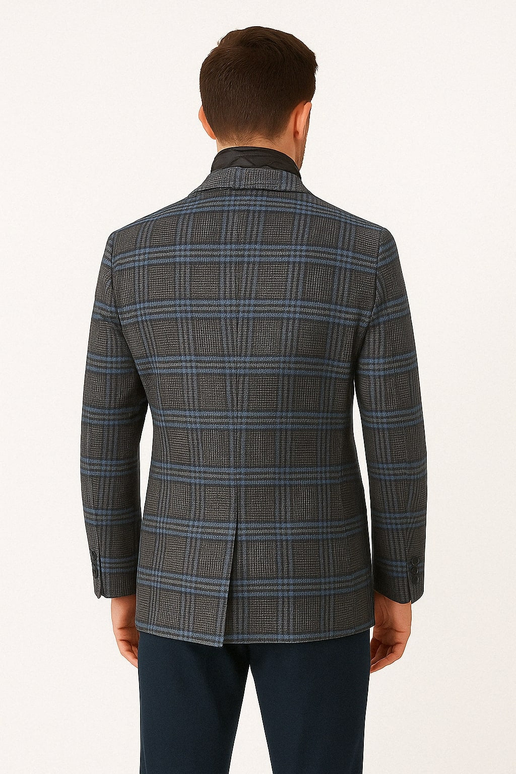 Mens Blue & Grey Checkered Wool Blazer with Quilted Inner Layer Alberto Nardoni Collection
