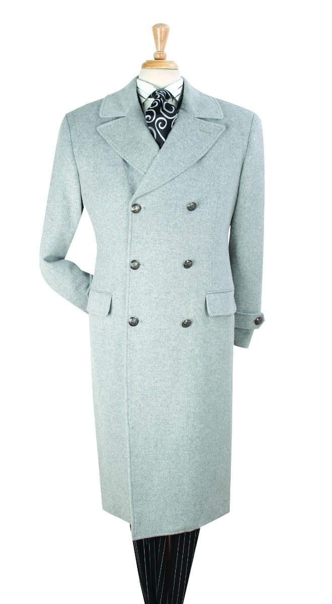Mens Light Gray Double-Breasted Wool Overcoat Classic Long Dress Coat for Winter