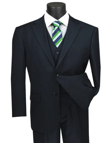 Men's 2 Button Vested Banker Pinstripe ~ Stripe 3 Piece Suit Dark Navy
