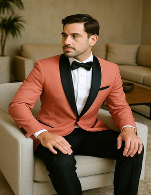 Mens Coral Pink Tuxedo Jacket with Black Satin Shawl Lapel Velvet Fabric Modern Slim Fit Formal Blazer