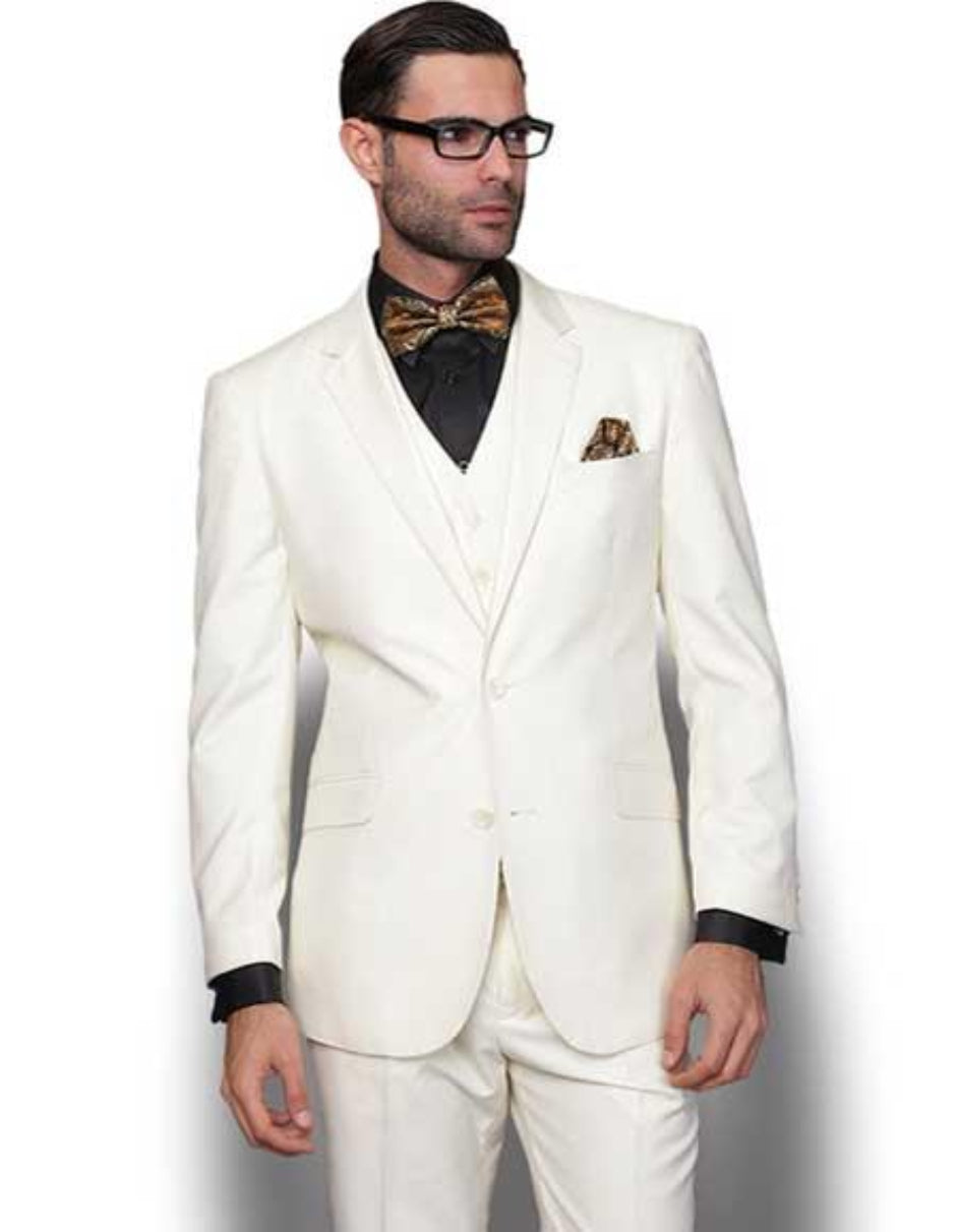 Men's 3 Piece Italian Wool Slim Fit Cream Vested Suit