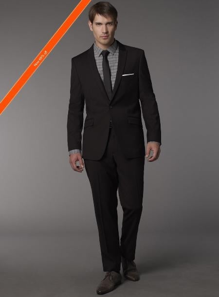 Men's Slim Fitted Cut Black 1/2 button Cheap Priced Business Suits Clearance Sale Skinny Tie