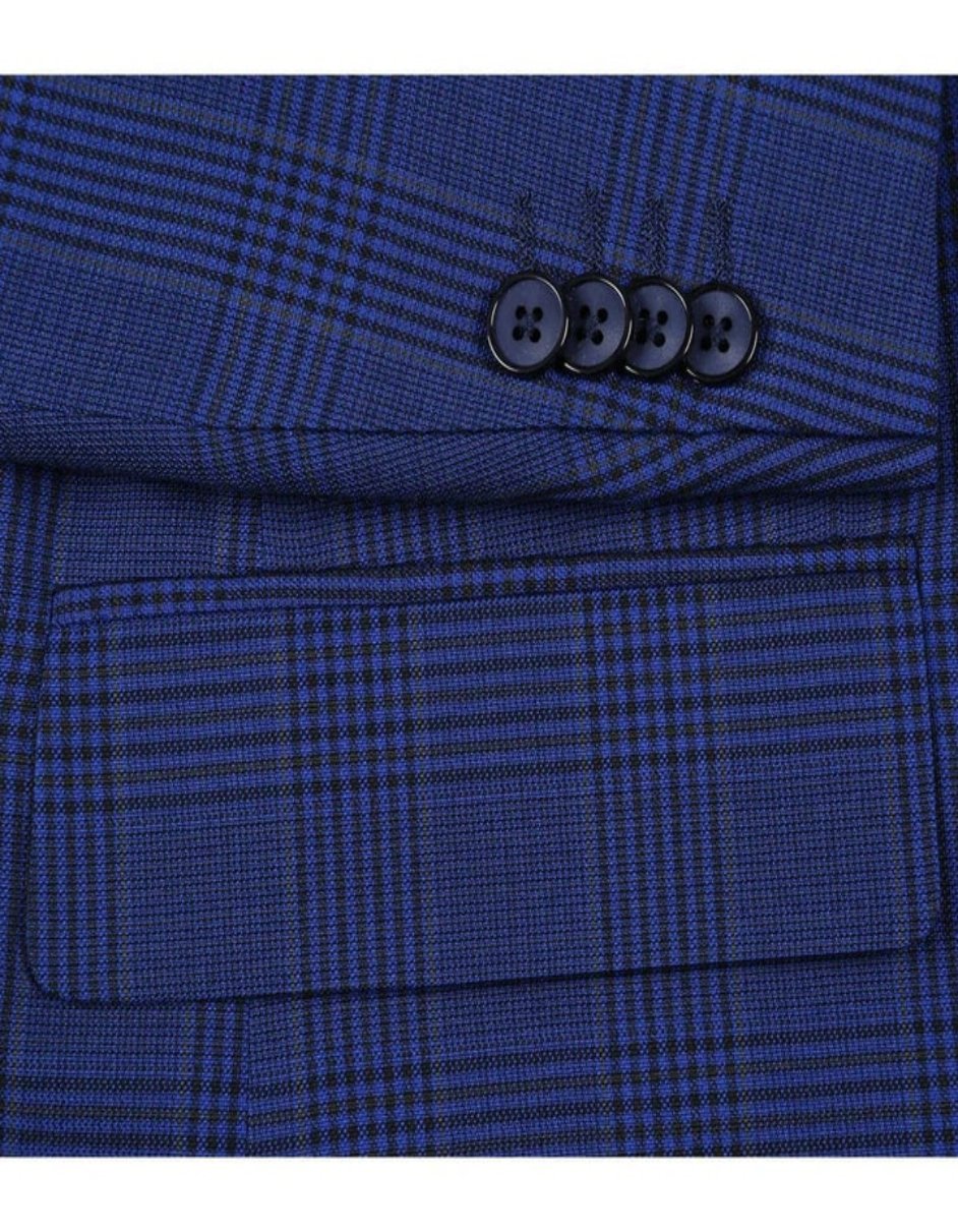Mens Two Button Classic Fit Sport Coat Dark Navy Blue Windowpane Plaid Blazer - Men's Tuxedo USA
