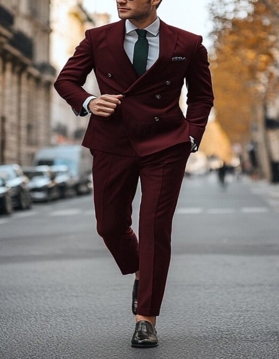 Men’s Burgundy Slim Fit Double Breasted Suit with Gold Buttons, Designer Formal Wedding Suit