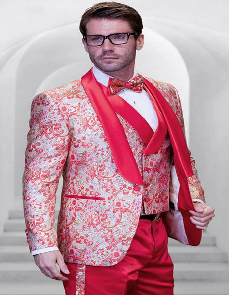 Mens Double Breasted Vested Tonal Paisley Wedding and Prom Tuxedo in Red main image 0