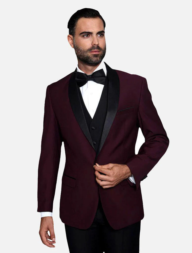 Statement Men's Burgundy With Black Lapel Vested 100% Wool Tuxedo - Men's Tuxedo USA