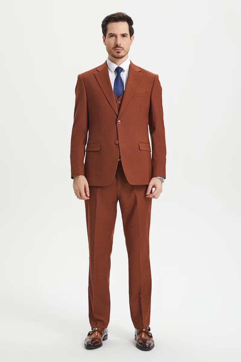 Mens Brown Rust 3-Piece Suit Two-Button Classic Designer Ensemble