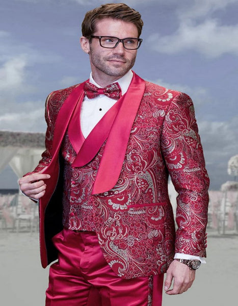 Statement Men's Red Patterned Vested Tuxedo with Bowtie main image 0