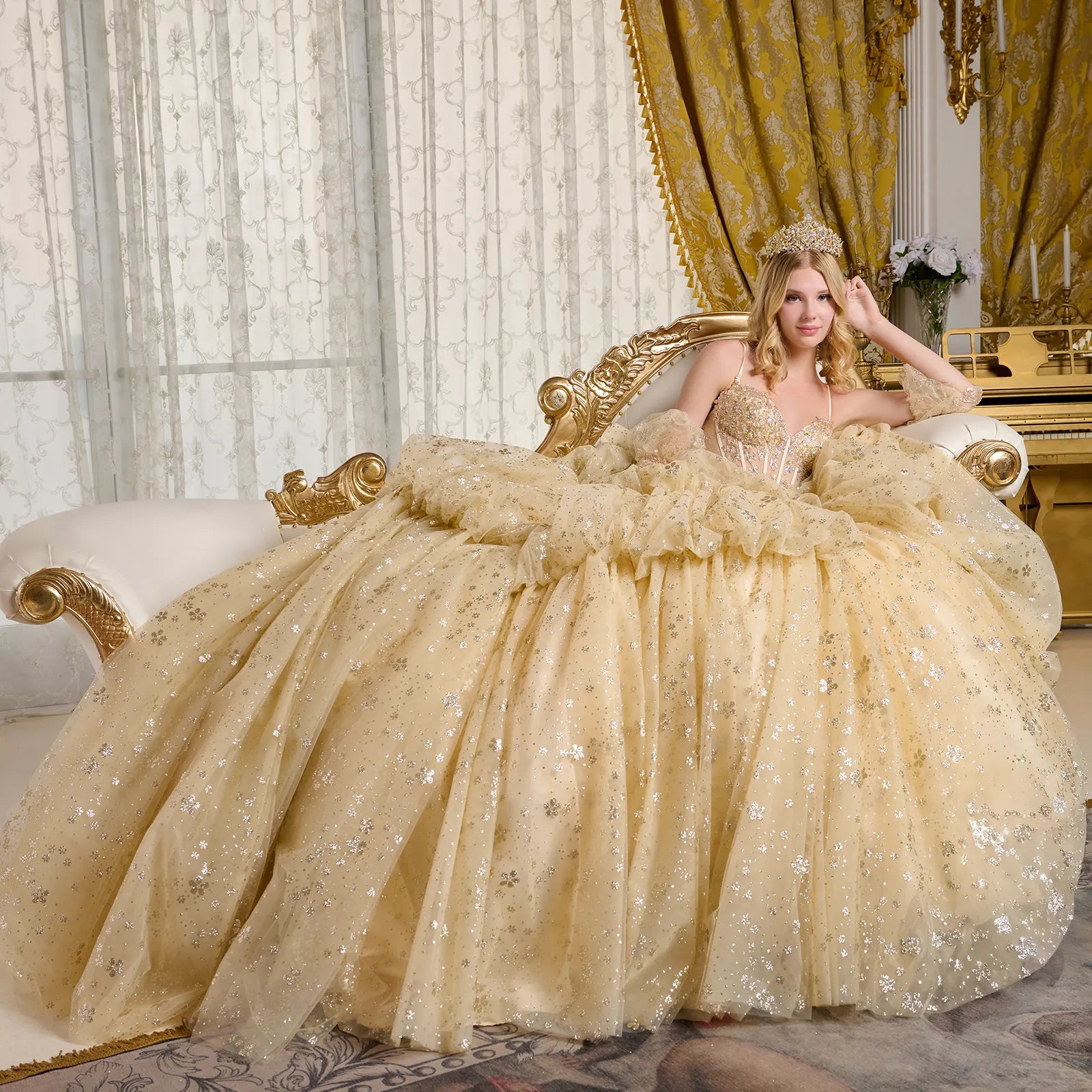 Champagne Quinceanera Dress Glitter Print V neck Ball Gown by Elizabeth K Gl3646, All Sizes, Tulle, Bead, Sequin, Floor-sweeping length