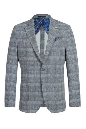 Saco vaquero - Western Sport Coat - Western Blazer - Mens Two Button Slim Fit Unconstructed Summer Blazer In Grey & Blue Windowpane Plaid
