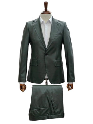 Mens 1 Button Slim Fit Leather Suit Olive