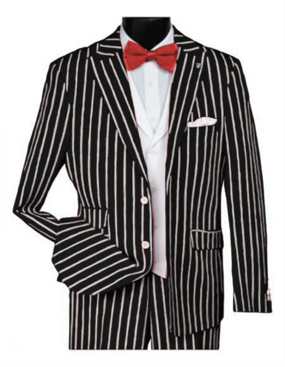 Men’s Black 1920s Bold Pinstripe Gangster Suit with Vest, Vintage Formal Party Dress Suit