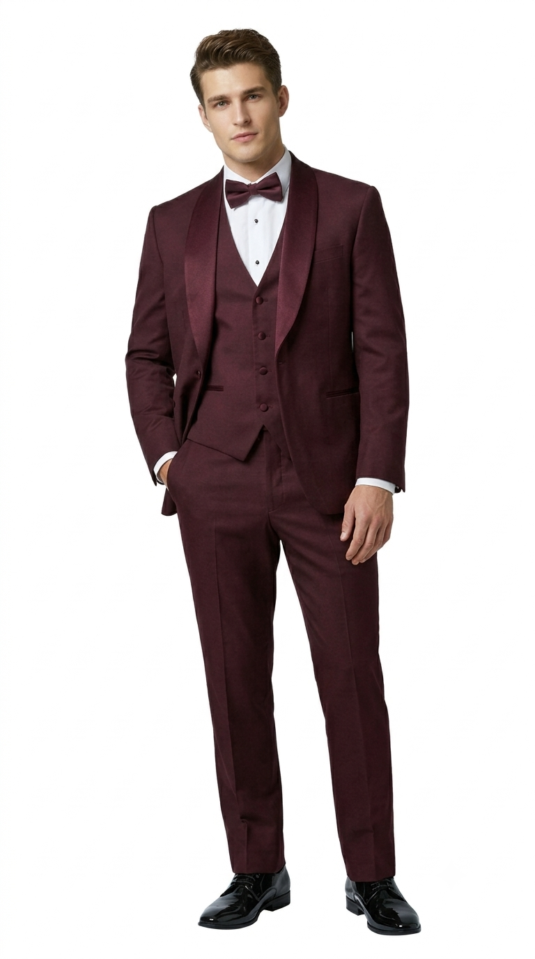 Men's Burgundy Double Shawl Lapel Tuxedo with Satin Trim for Wedding & Prom