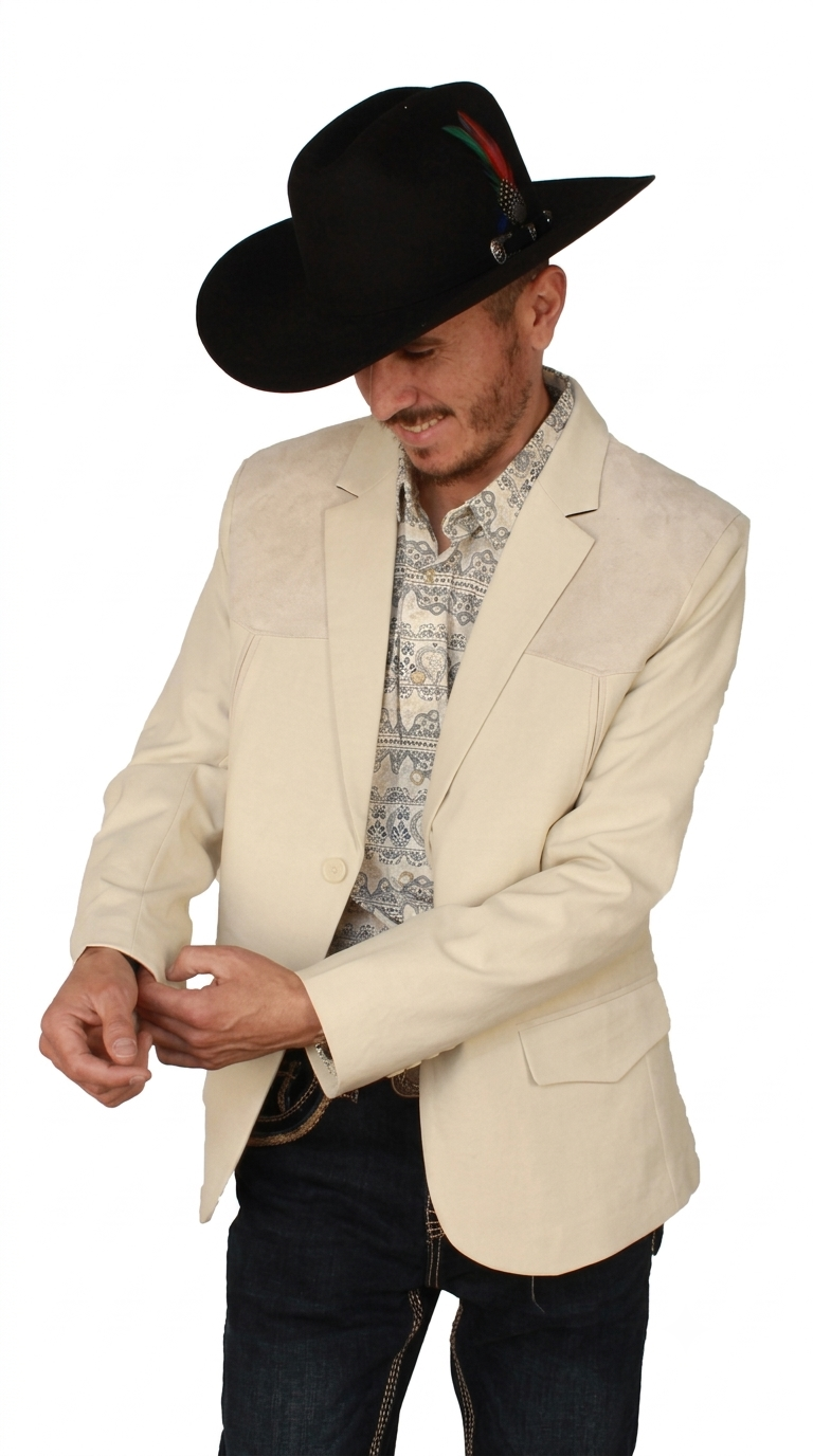 Men's Suede Cowboy Blazer Ultra Slim Fit Mens Western Suede Blazer with Embroidery in Color "Beige"