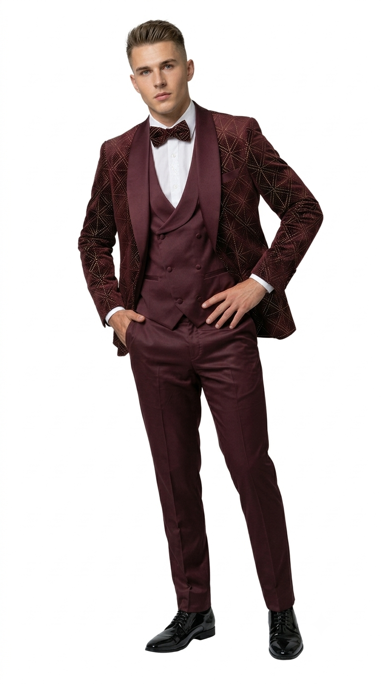 Men's Burgundy Velvet Patterned Shawl Lapel Tuxedo Set for Wedding & Prom