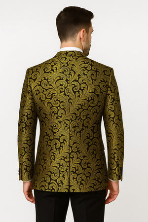 Mens Goldish Yellow and Black Paisley Tuxedo Blazer with Matching Bow Tie with Black Pants