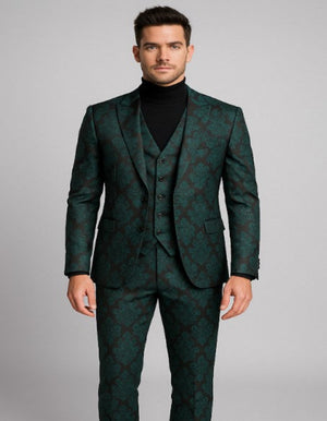 Mens Green and Black Brocade Tuxedo Suit 3 Piece Floral Jacquard Outfit for Weddings and Formal Events - Slim Fitted