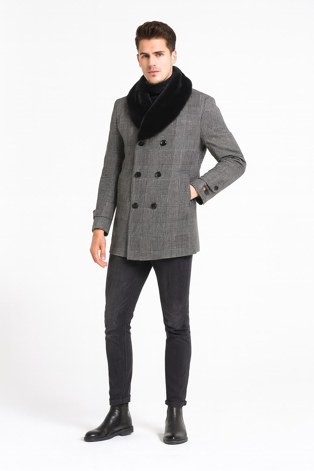 Mens Grey Plaid Double-Breasted Overcoat with Black Faux Fur Collar Classic Winter Peacoat