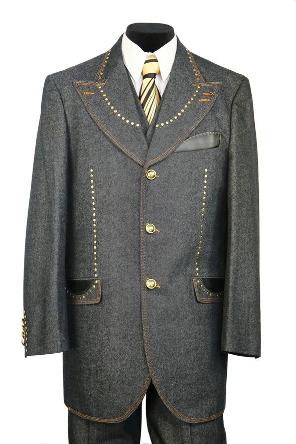 Denim Suit - Cotton Fabric Vested Suit - 3 Pieces Suit - Vested Fancy Zoot Suit - Men's Tuxedo USA