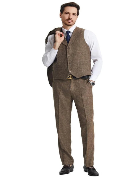 Men's Slim Fit Herringbone Tweed Suit Beige 1920s Vest