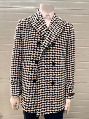 Mens Houndstooth Double-Breasted Wool Peacoat Black and White Wool Short Coat Slim Fit