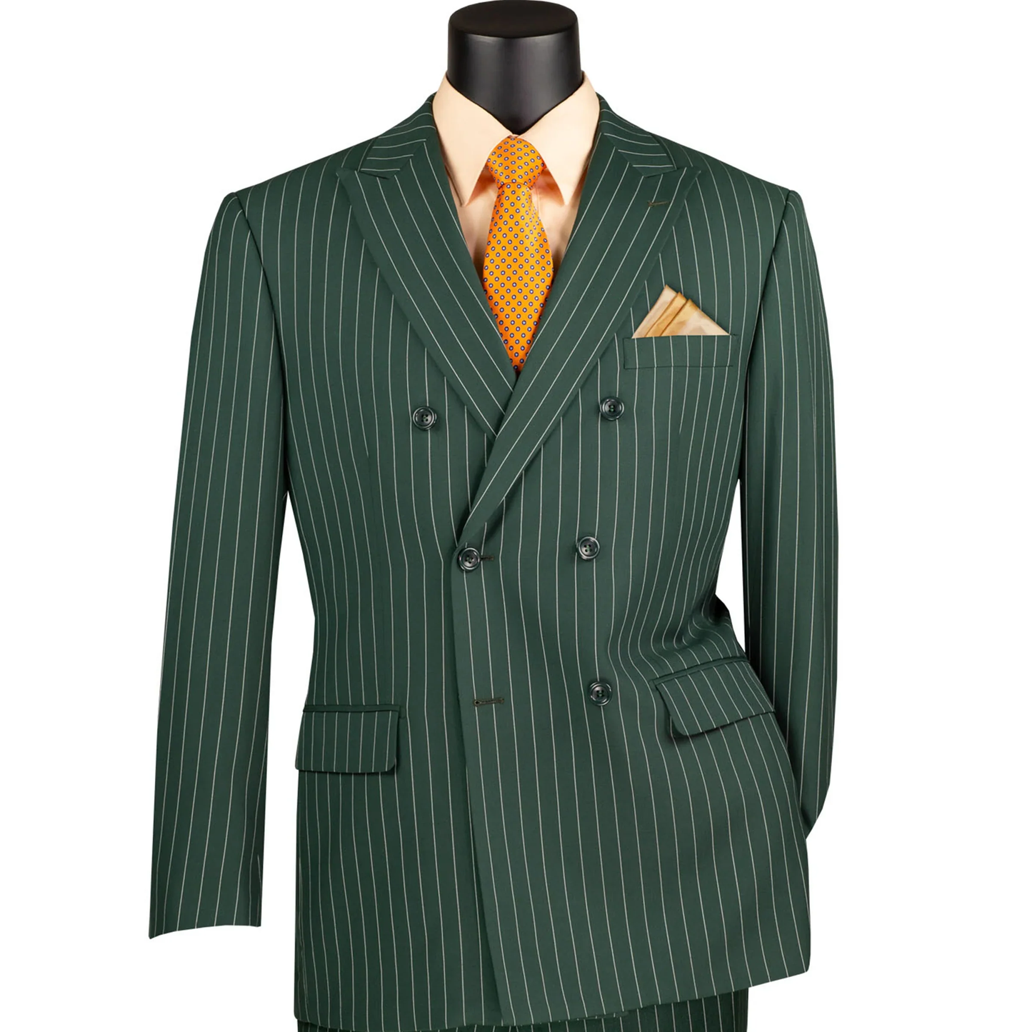 Mens Hunter Green Pinstripe Double-Breasted Suits Bold 6-Buttons Vintage Gangster Style 1920s Look