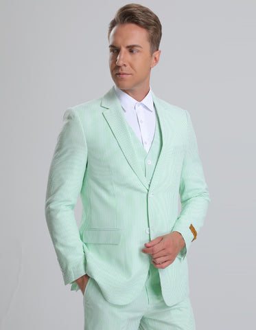 Mens Vested Summer Seersucker Suit in Green Pinstripe