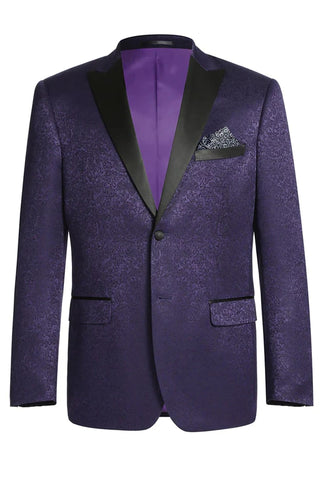 Mens Two Button Peak Lapel Paisely Prom Tuxedo Blazer In Purple