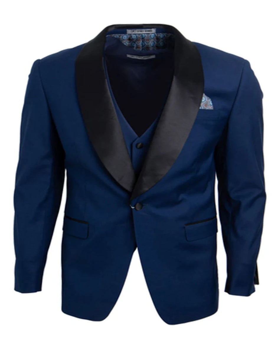 Blue Wedding Tuxedo - Men's Stacy Adams Vested One Button Shawl Lapel Indigo Blue Single Breasted Tuxedo